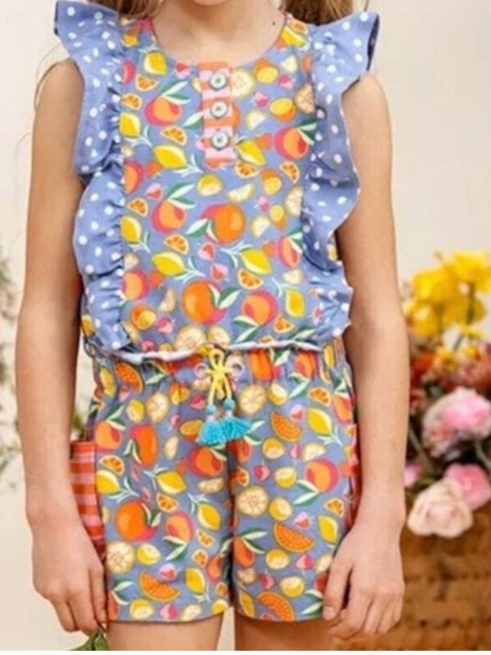 Matilda Jane Blue Citrus Fruit Print Dress with Polka Ruffle